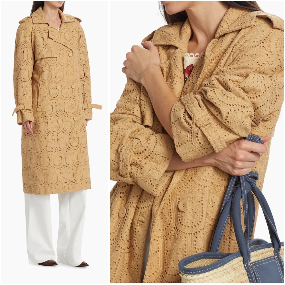 Anthropologie Farm Rio Pineapple Cotton Eyelet Trench Coat Medium Khaki Tan - Picture 4 of 12